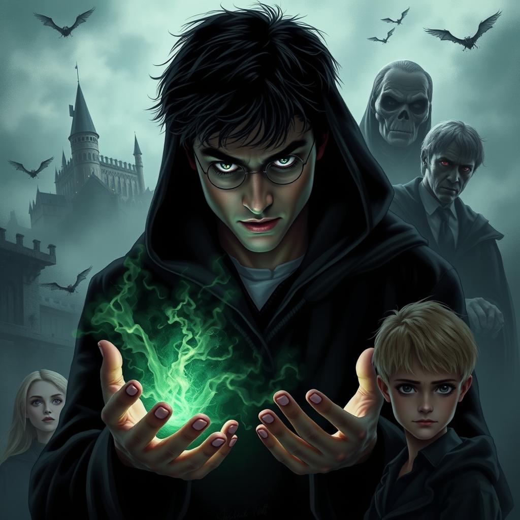 Harry Potter is at the center of the scene, enveloped in shadows and holding a dark green energy in his hands