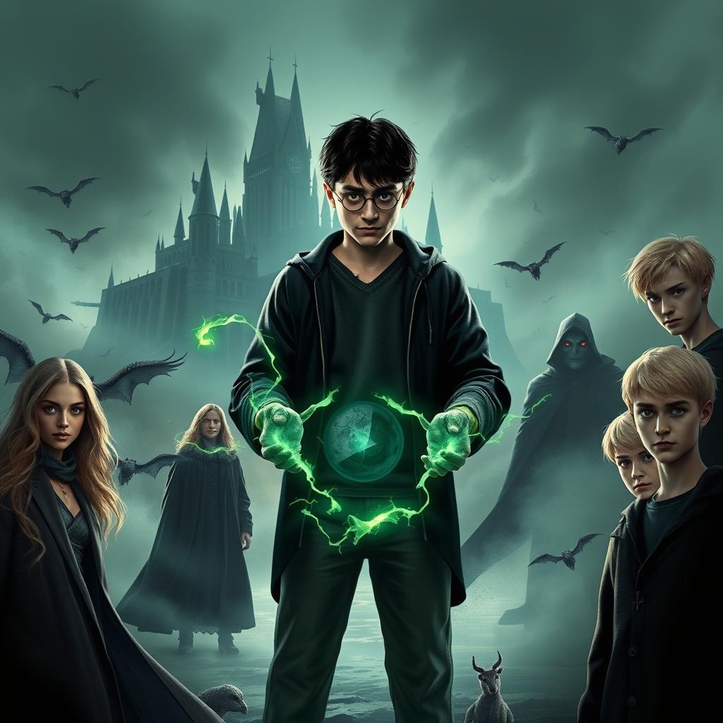Harry Potter stands at the center, surrounded by shadows while holding a dark green energy in his hands