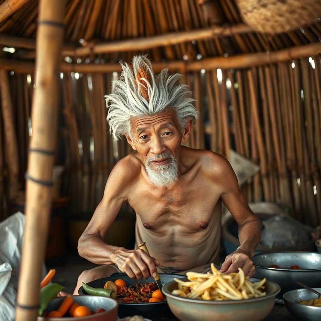 A 70-year-old Thai man with a thin physique, featuring gray and white hair, has a parrot-shaped head