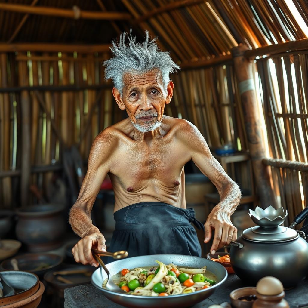 A 70-year-old Thai man with a thin physique and gray hair mixed with white, has a head resembling a parrot