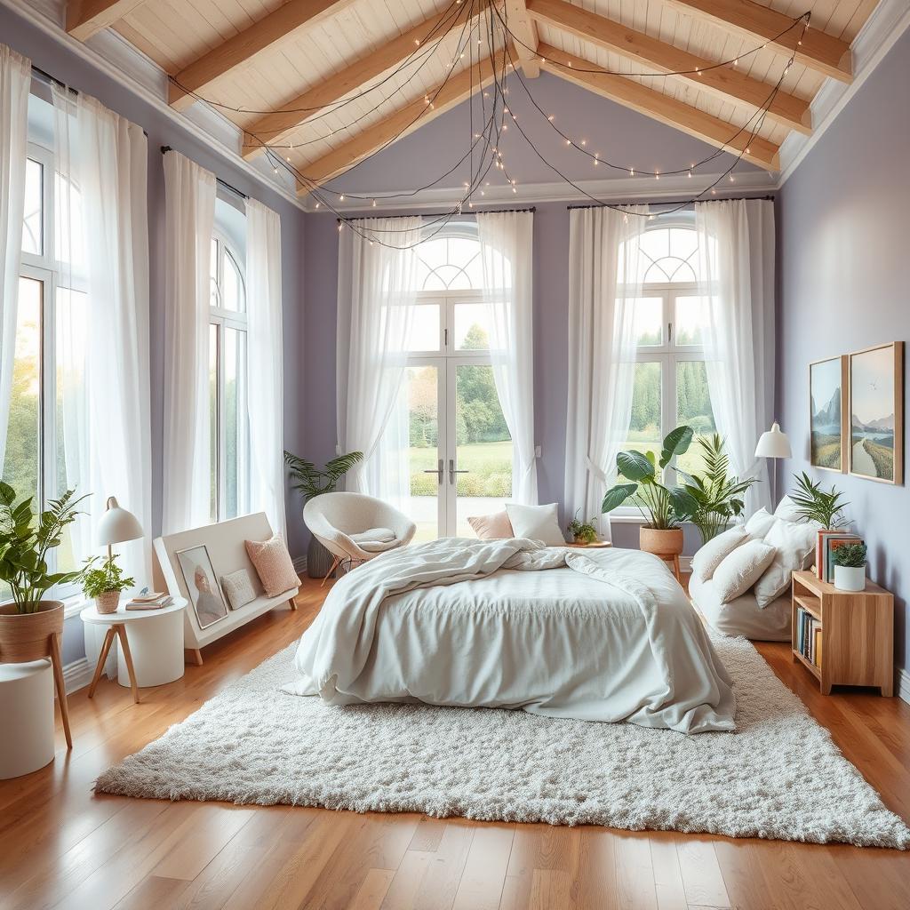 A spacious and serene dream room designed for relaxation and creativity