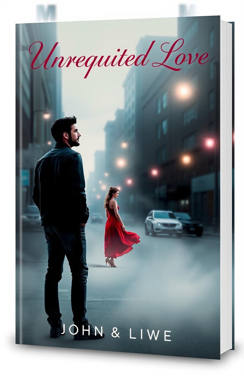 A book cover for 'Unrequited Love' featuring a poignant scene of a man and a woman in an urban setting