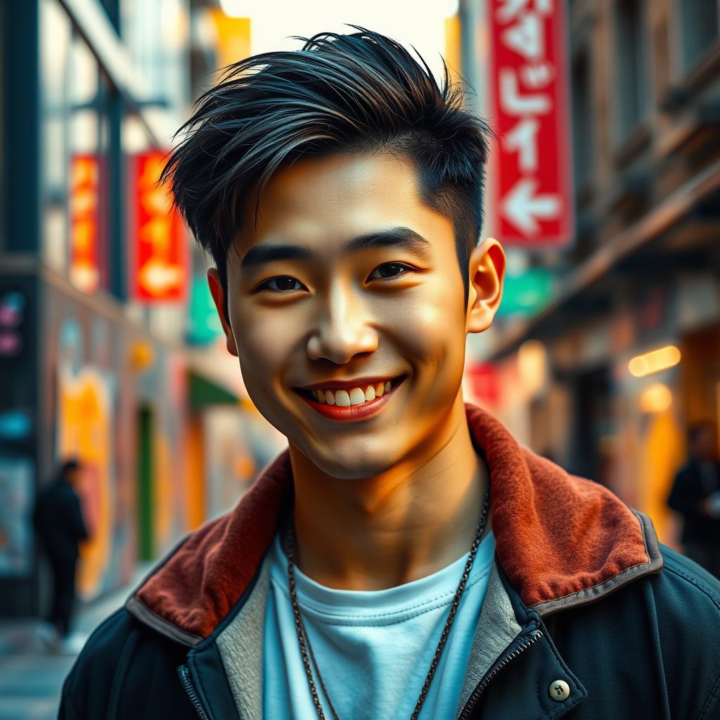 A portrait of a charismatic Korean man, featuring smooth skin, stylish hair, and a confident smile