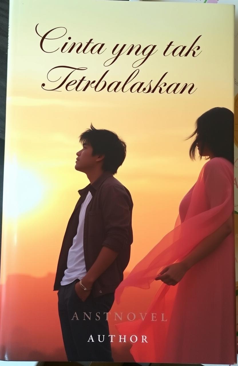 A book cover for a novel titled 'Cinta yang Tak Terbalaskan' featuring a poignant scene of a man and a woman, both looking longingly at each other but standing at a distance