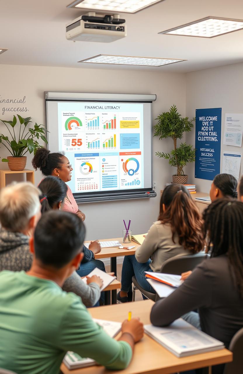 A visually engaging educational scene depicting a diverse group of adults actively learning about financial literacy