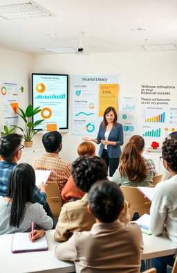 A visually engaging educational scene depicting a diverse group of adults actively learning about financial literacy