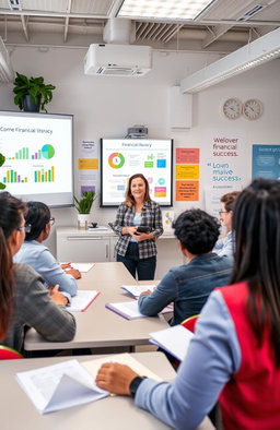 A visually engaging educational scene depicting a diverse group of adults actively learning about financial literacy