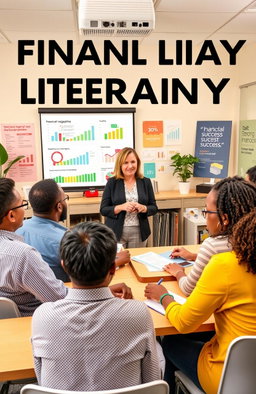 A visually engaging educational scene depicting a diverse group of adults actively learning about financial literacy