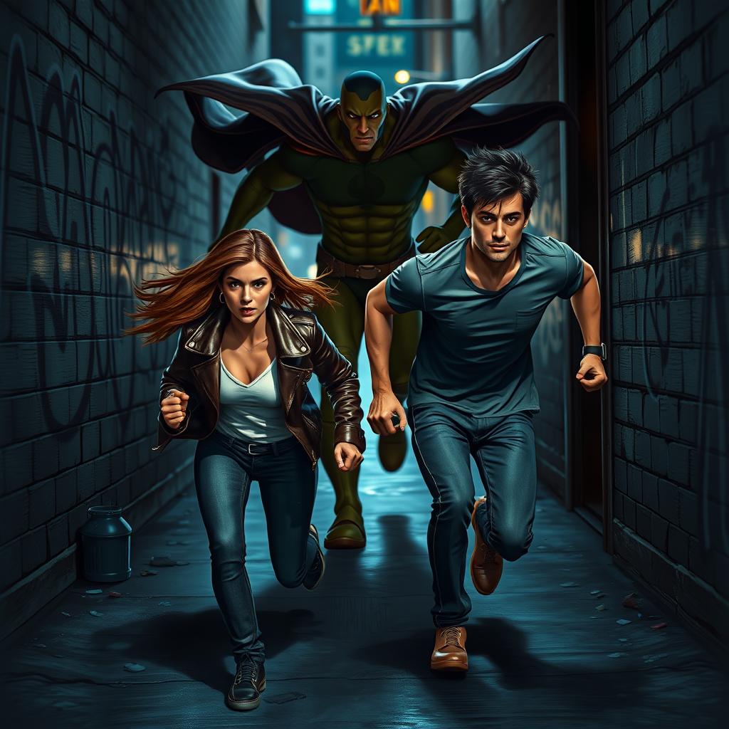Realistic depiction of Alex and Steve escaping from a menacing hero