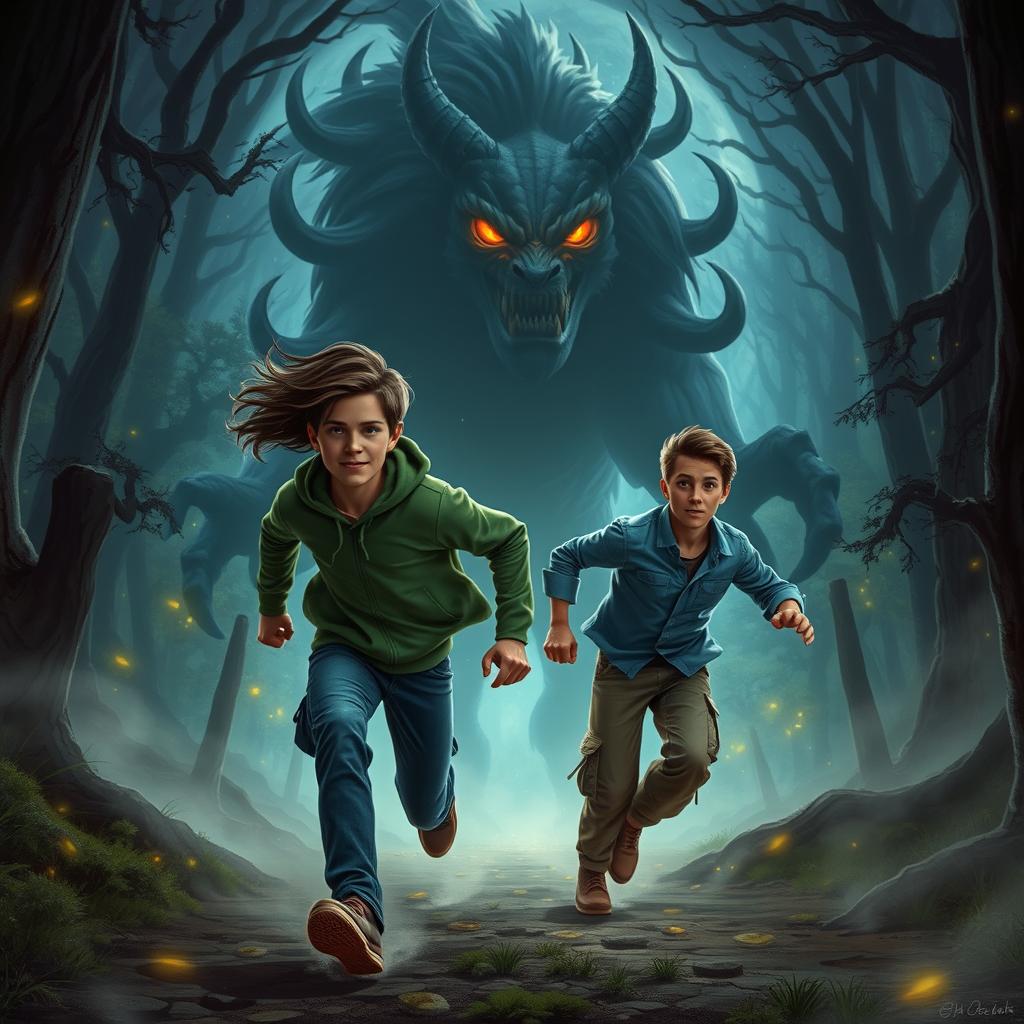 Alex and Steve running from a monstrous creature, Hiro Brian, through a dark, enchanted forest filled with glowing trees and mist