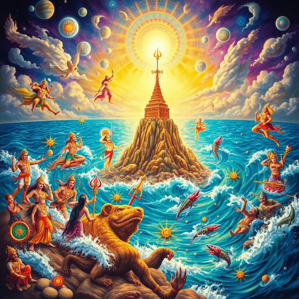 A vibrant depiction of 'Samudra Manthan' (the churning of the ocean), showcasing the cosmic and divine elements involved in the mythological event