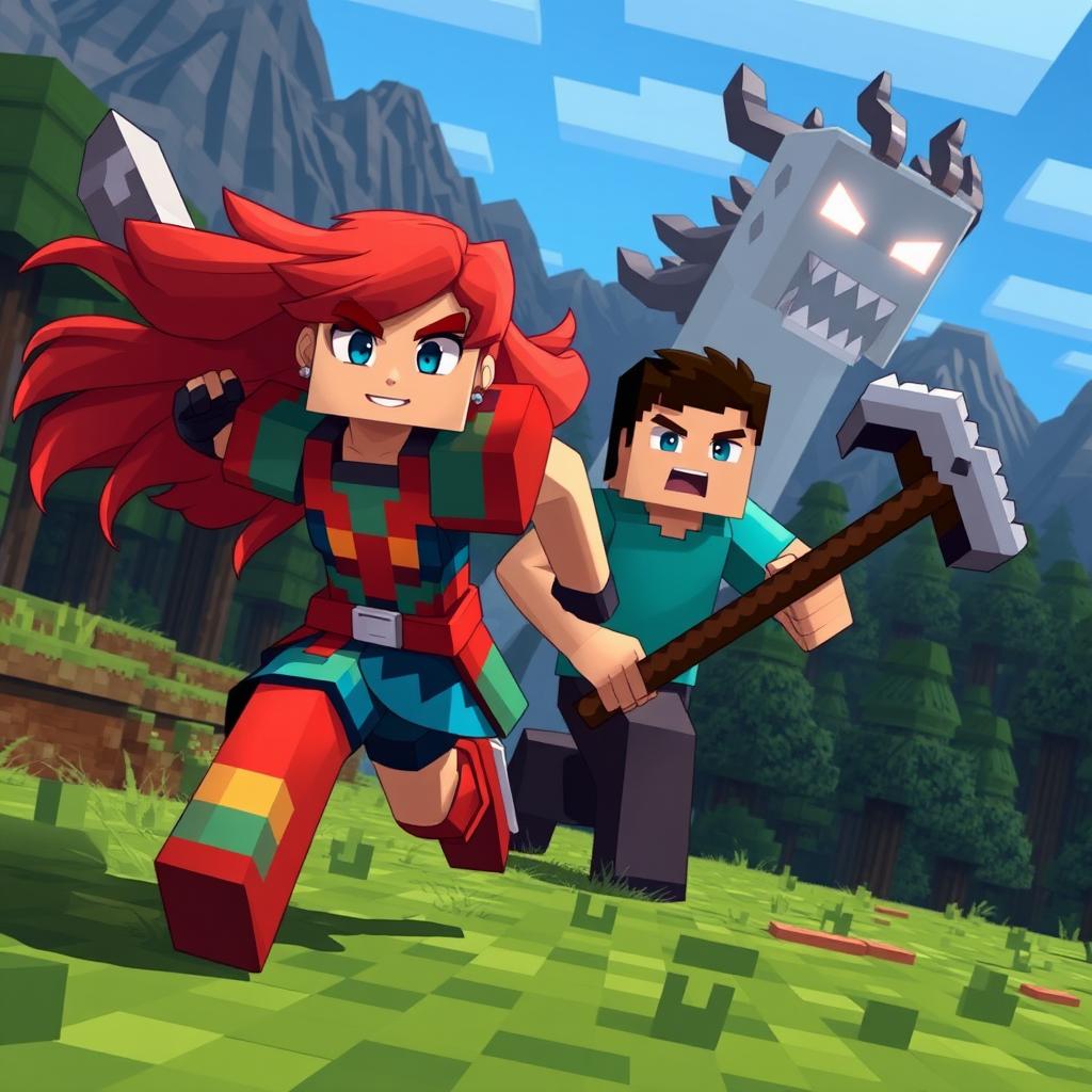 In Minecraft, Alex and Steve are running away from Herobrine