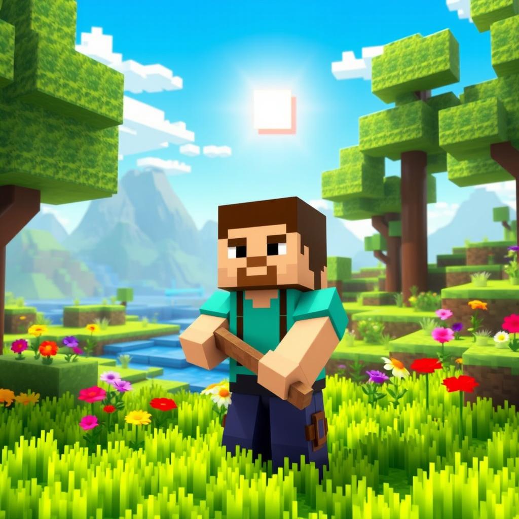 A vibrant and colorful Minecraft-style animation scene featuring a blocky character resembling a Steve-like avatar