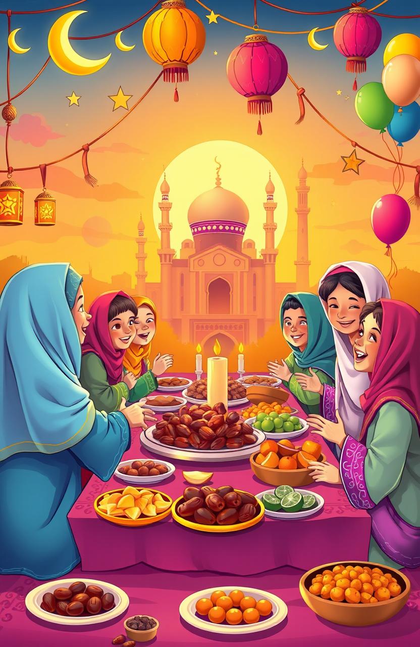 A vibrant and colorful illustration depicting the essence of Ramadan for children