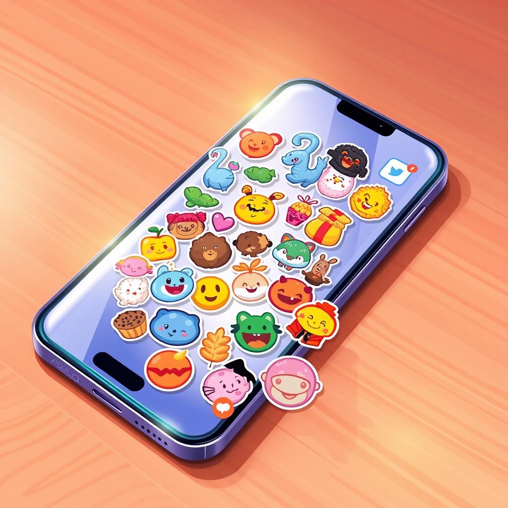 A vibrant digital illustration showcasing a modern mobile application interface of a sticker app similar to Aparat