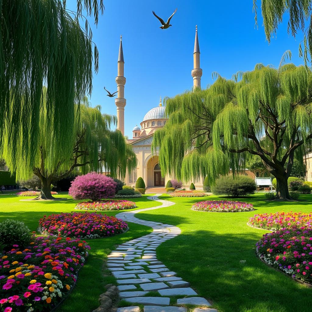 A beautiful and serene scene featuring a mosque nestled in a lush green garden