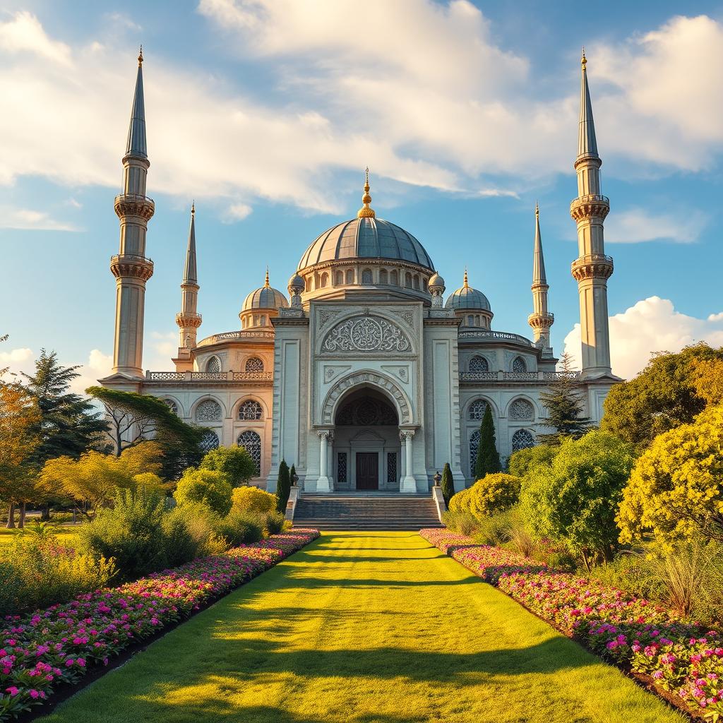 A stunning representation of a mosque, featuring its grand architectural design including a prominent dome and elegant minarets