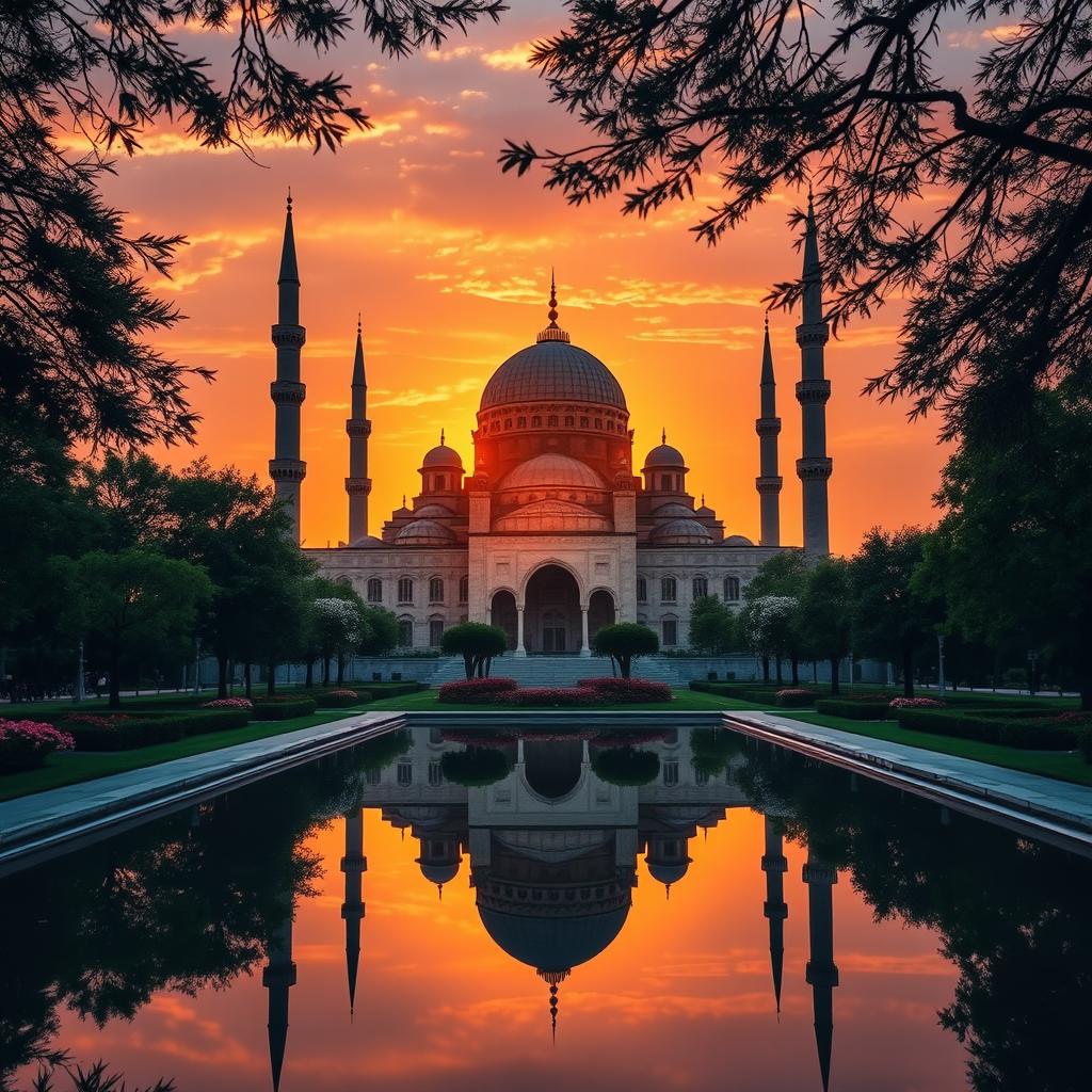 A breathtaking scene of a mosque at sunrise, with the first rays of sunlight illuminating its grand dome and striking minarets