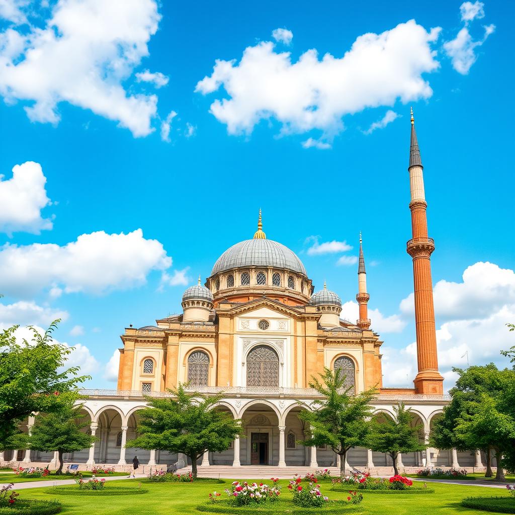 A majestic mosque set against a bright blue sky, showcasing its stunning architectural features such as a large dome and elegant minarets reaching upwards
