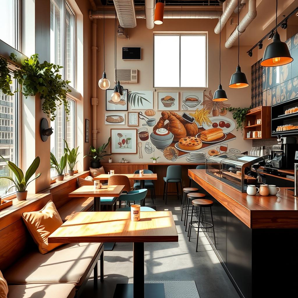 A modern restaurant or cafe interior design that showcases a cozy yet chic atmosphere