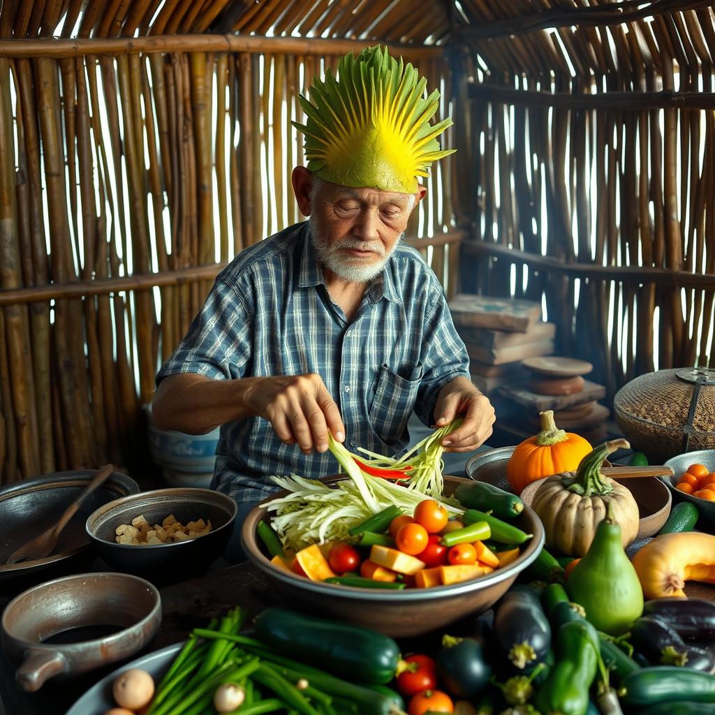 An elderly Asian man aged 60 with a bizarre parrot head, showcasing a unique blend of human and avian features