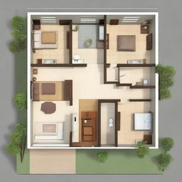 Create an architectural design of a 1st floor containing 3 rooms, 2 bathrooms, 1 kitchen, 1 puja room and a staircase within the dimensions of 32x41 sqft.