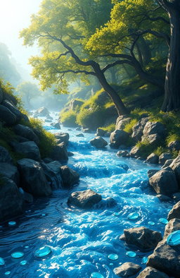 A breathtaking fantasy scene depicting "The Tears of the Eternal" as a flowing, shiny river shimmering under the light