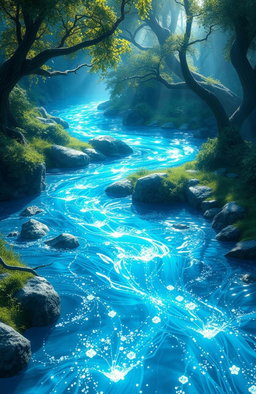 A breathtaking fantasy scene depicting "The Tears of the Eternal" as a flowing, shiny river shimmering under the light