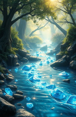 A breathtaking fantasy scene depicting "The Tears of the Eternal" as a flowing, shiny river shimmering under the light
