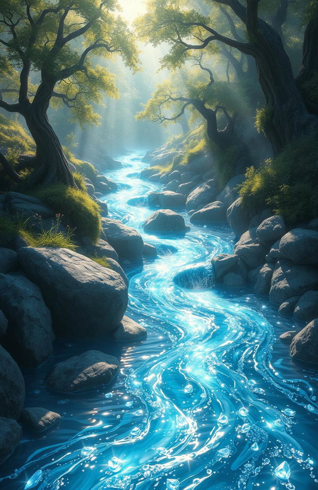 A breathtaking fantasy scene depicting "The Tears of the Eternal" as a flowing, shiny river shimmering under the light