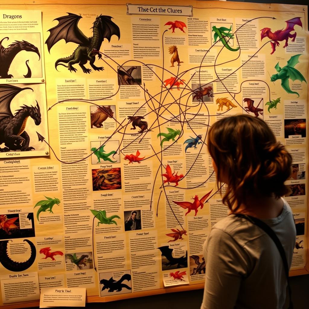 A detailed and vibrant clue board filled with various texts and images, featuring crisscrossing arrows connecting them