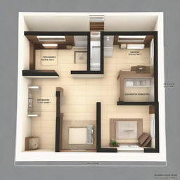 Create an architectural design of a 1st floor containing 3 rooms, 2 bathrooms, 1 kitchen, 1 puja room and a staircase within the dimensions of 32x41 sqft.