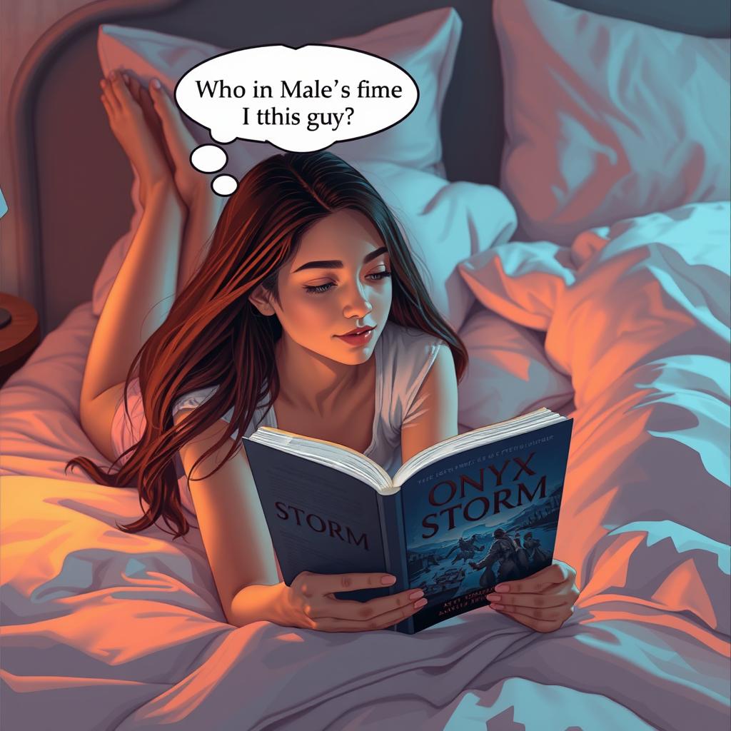 A young woman laying comfortably on her stomach in a cozy bedroom, deeply engaged in reading a book titled 'Onyx Storm'