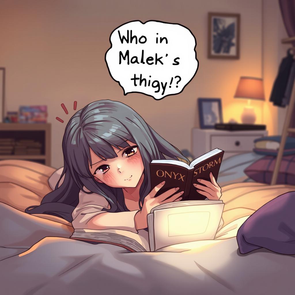A girl laying on her stomach in a cozy bedroom, deeply engrossed in reading a book titled "Onyx Storm"