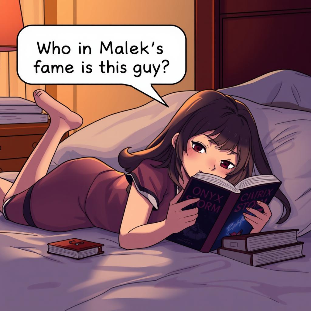 A girl laying in bed on her stomach, deeply absorbed in reading a book titled 'Onyx Storm'