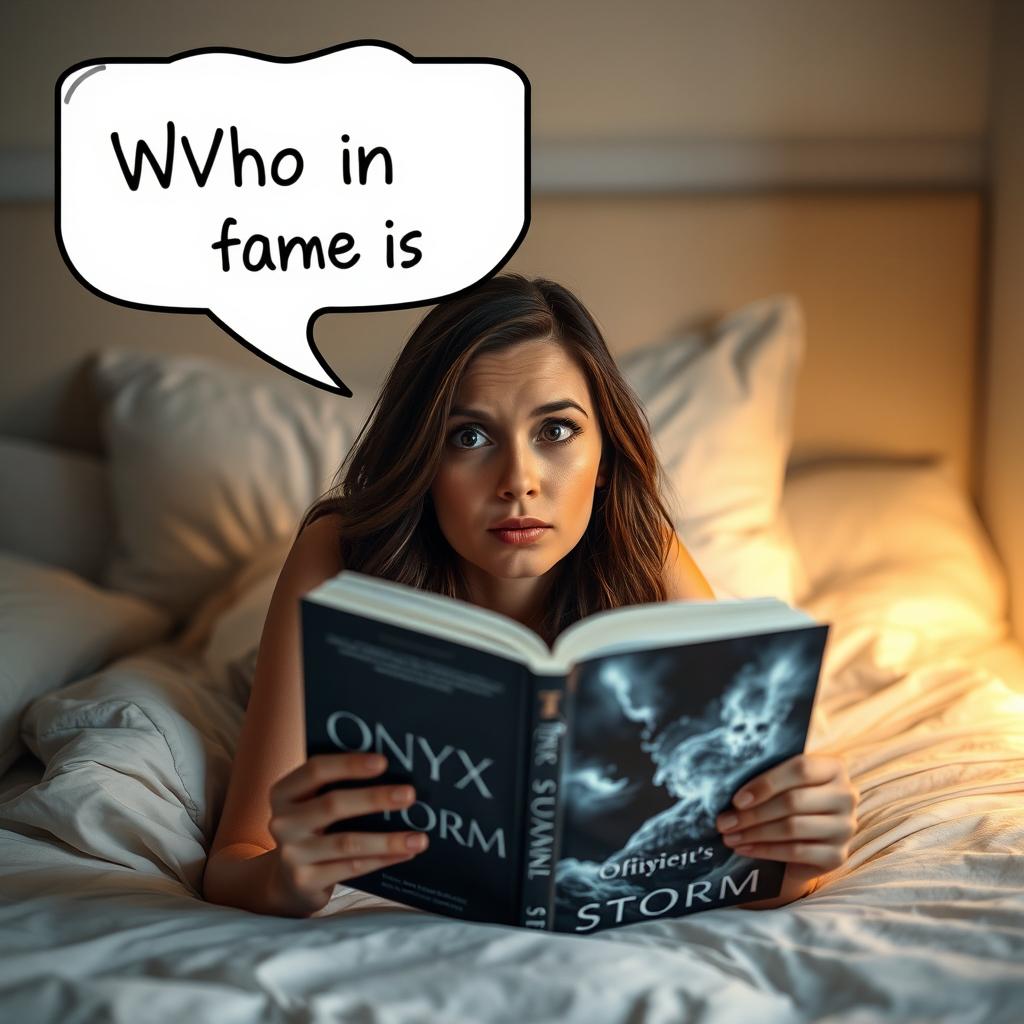 A woman with a confused expression, laying on her stomach in a cozy bed while reading a book titled 'Onyx Storm'