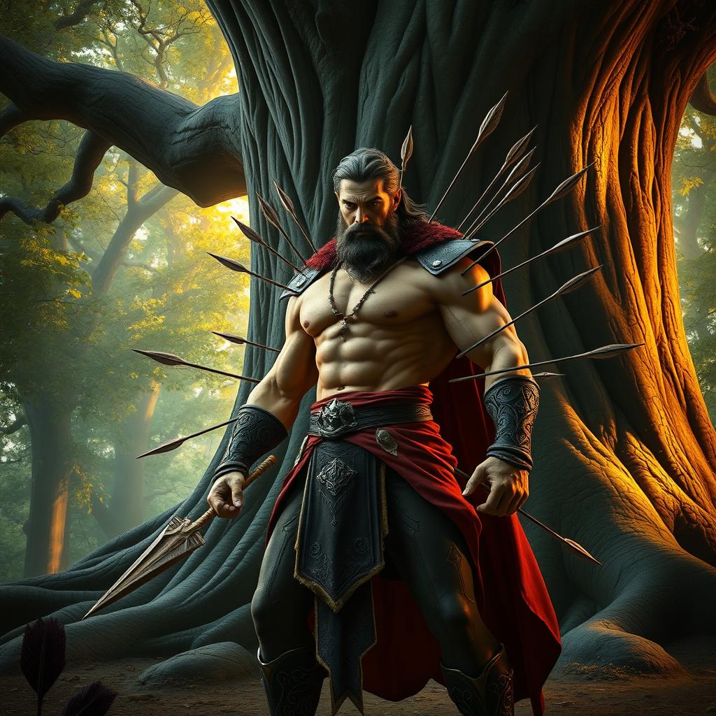 A majestic Triton, with a powerful muscular build, pierced by numerous arrows, standing in a dramatic pose in front of a grand tree