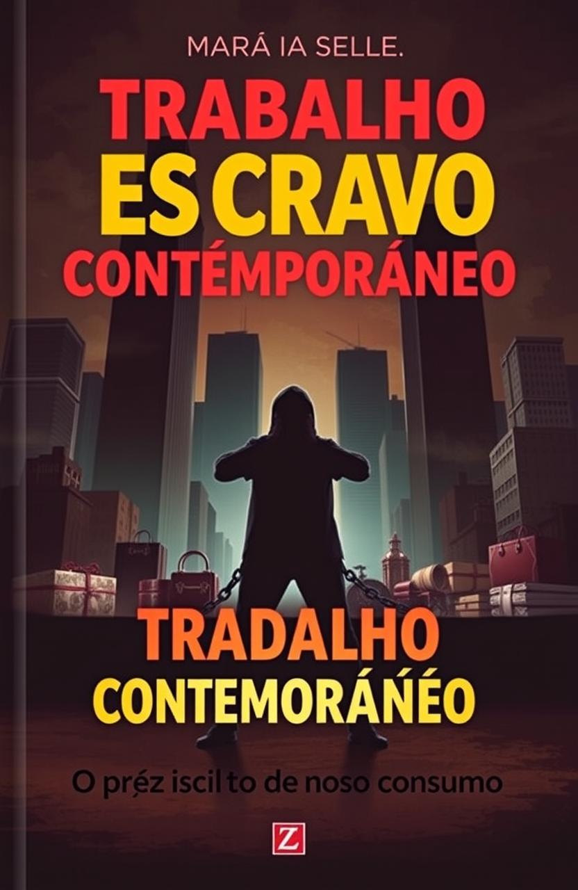 A silhouetted figure of a person in chains, positioned starkly in front of a backdrop representing opulence and consumption, featuring imposing skyscrapers and luxury goods