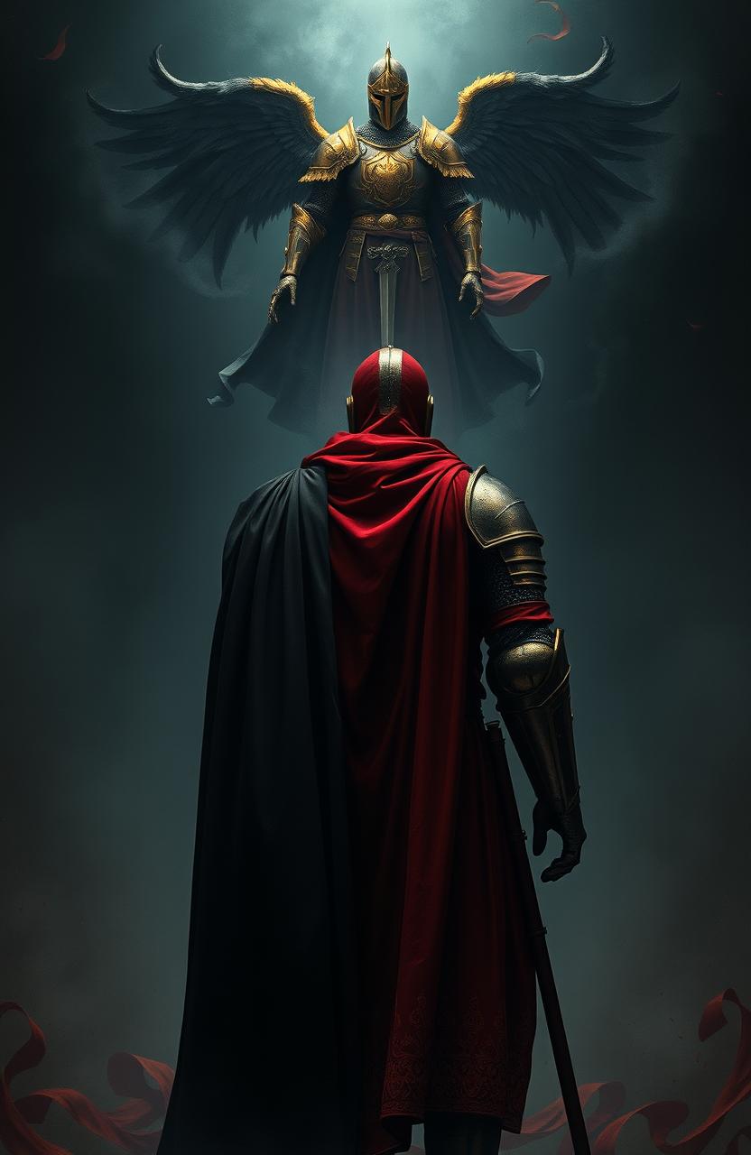 A medieval knight clad in striking crimson armor, draped in a flowing black cape, stands with his back turned, presenting a mysterious, imposing silhouette