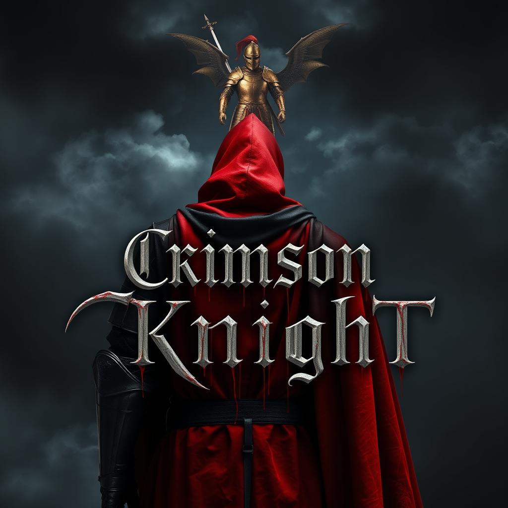 A medieval knight clad in crimson armor wearing a black cape, standing with his back to the viewer against a dark and eerie background