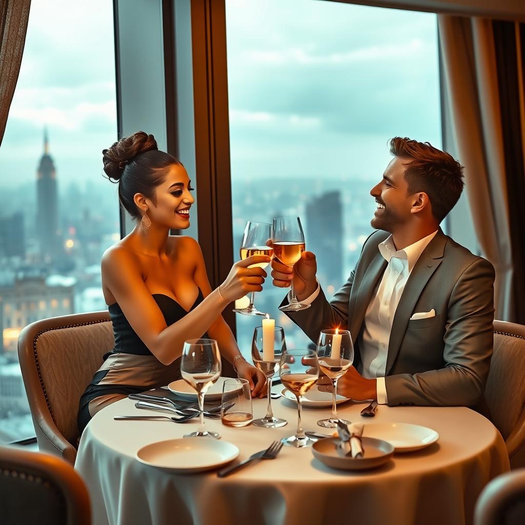 A luxurious and romantic scene featuring a couple in an elegant dining setting