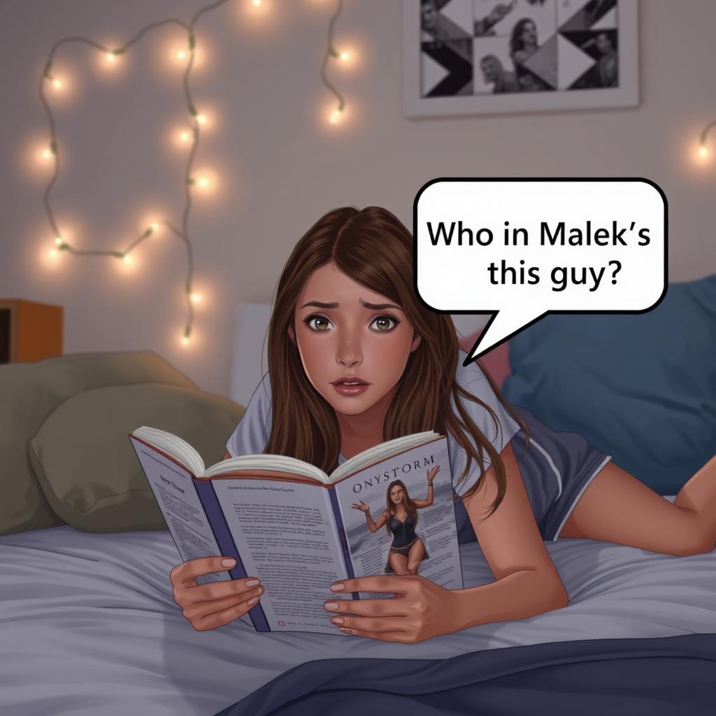 A teenager, around 16 years old, with long brown hair, laying on her stomach in bed, looking confused while reading a book titled 'Onyx Storm'