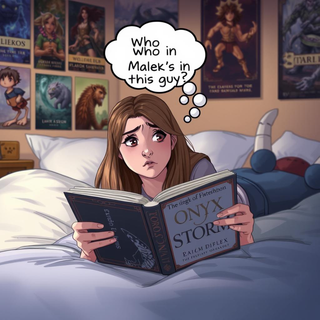 A teenager with long hair, looking confused, laying in bed on her stomach, deeply engrossed in reading a book titled 'Onyx Storm'