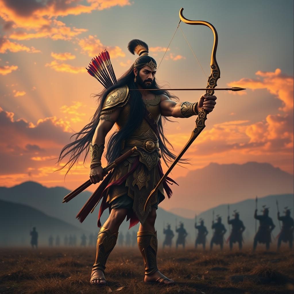 A majestic scene featuring Arjun, the legendary archer from the Mahabharata, standing confidently on a battlefield
