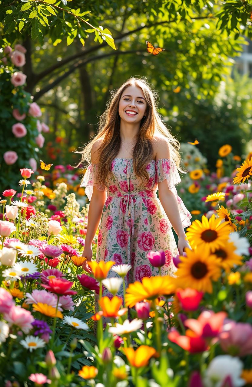 A young woman happily exploring a vibrant garden filled with a diverse array of colorful flowers