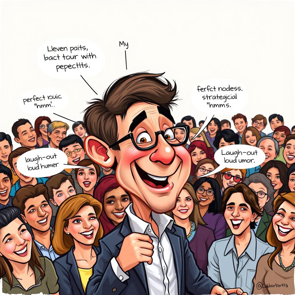 A caricature of a charismatic speaker engaging with an audience, featuring exaggerated facial expressions representing clever insights and laugh-out-loud humor