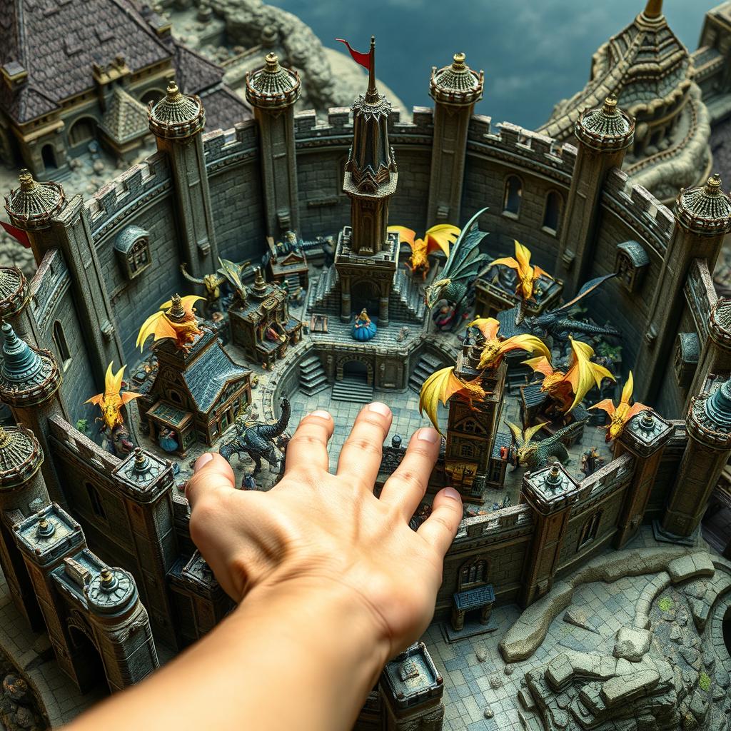 A miniature city encircled by high, imposing walls, featuring intricately designed buildings and a towering structure at its center