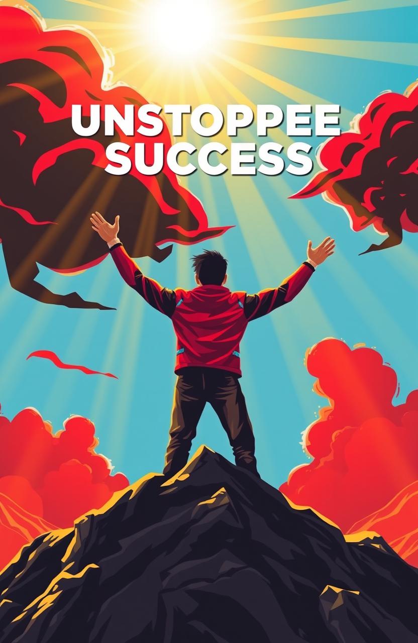 An inspiring and dynamic visual representation of unstoppable success, featuring a vibrant color palette of red, black, blue, and gold
