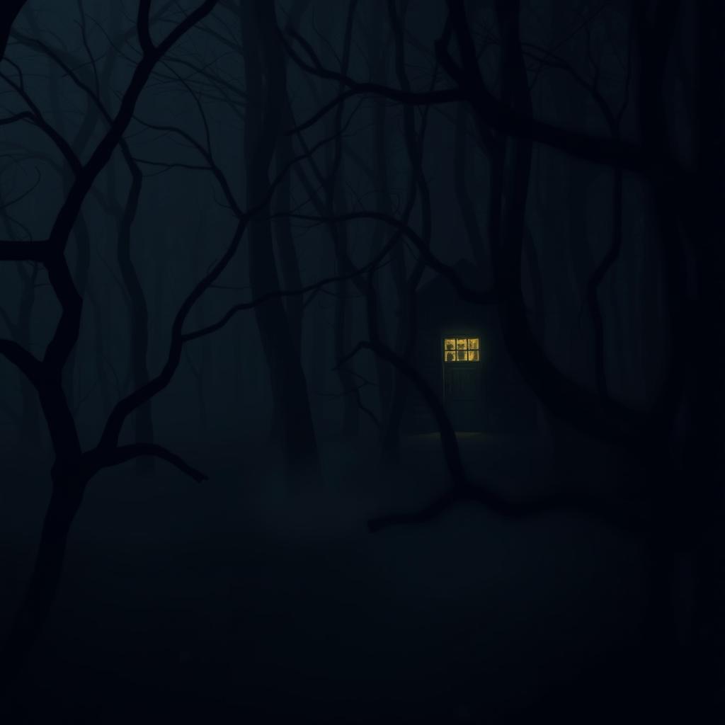 A dense and foggy forest at night, featuring twisted trees and unsettling shadows