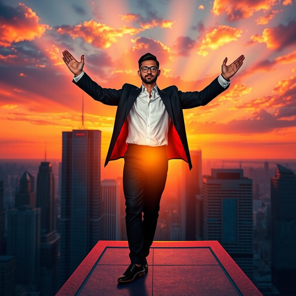 An empowering and visually striking depiction of unstoppable success, featuring a bold color scheme of red, black, blue, and gold